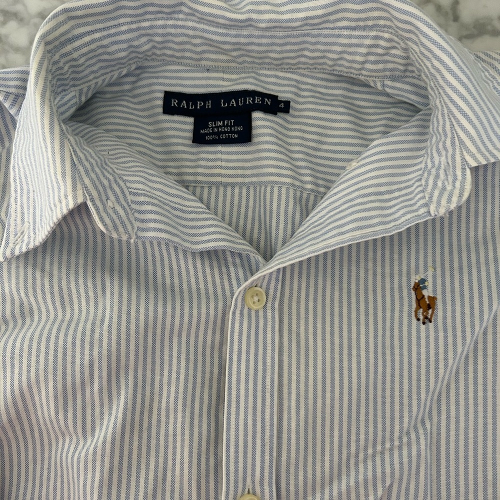 Vintage Ralph Lauren Women's Blue and White Striped Button-Down Shirt - Size 4